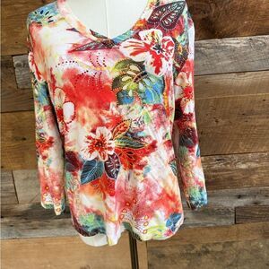 Chico’s Colorful Floral 3/4 Long Sleeve Tee EUC SZ 1
